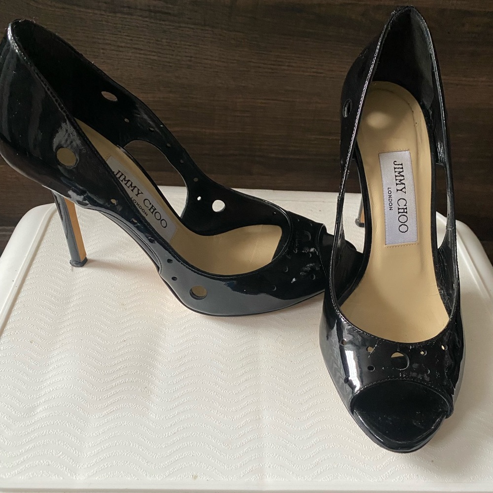 Jimmy Choo black patent open toe pumps 6.5